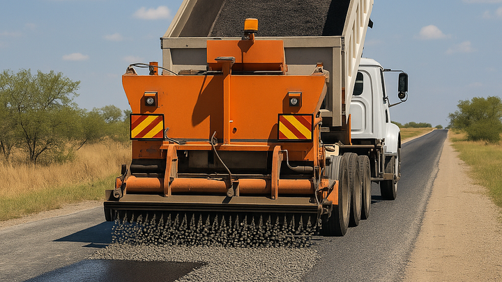 ChatGPT said: A road maintenance truck spreads gravel over a layer of oil during a chip sealing operation on a rural roadway.